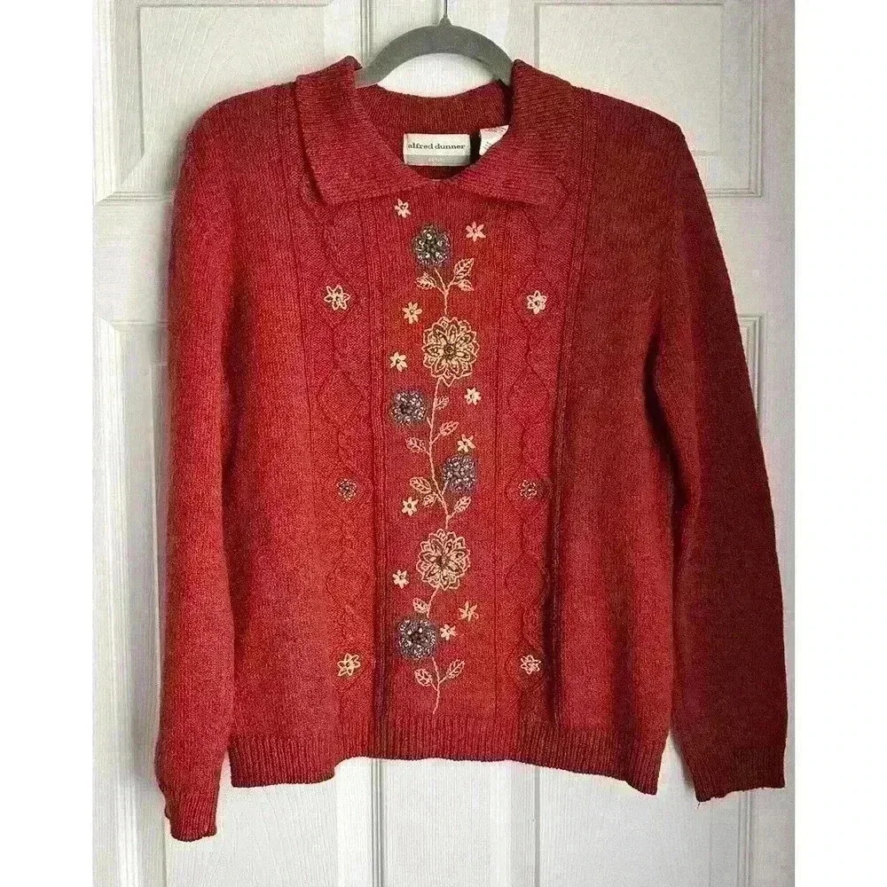 Alfred Dunner Vintage Cable Knit Embroidered Collared Sweater Womens Petite M - Picture 1 of 6